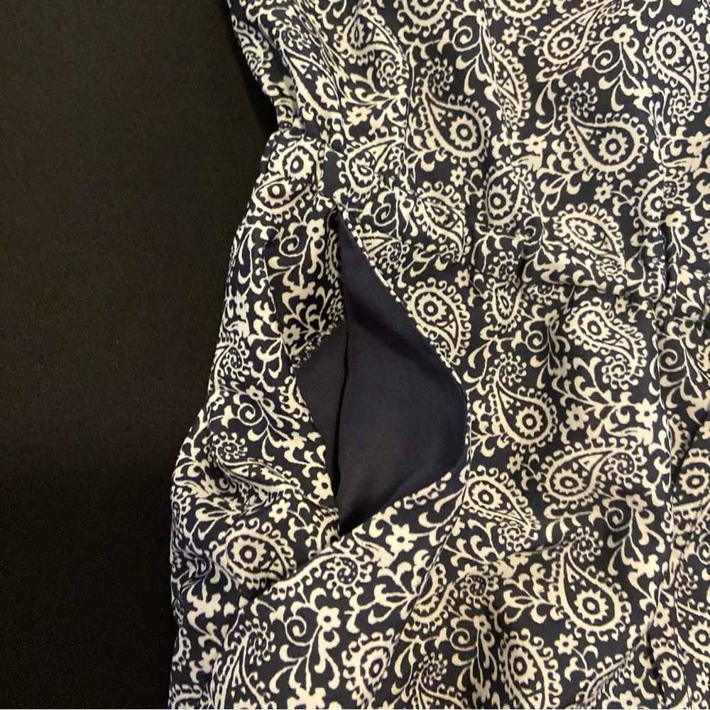 Ann Taylor Loft Aztec Long Sleeve Romper Sz 6 Navy Blue Geo Print Pockets - Picture 5 of 12